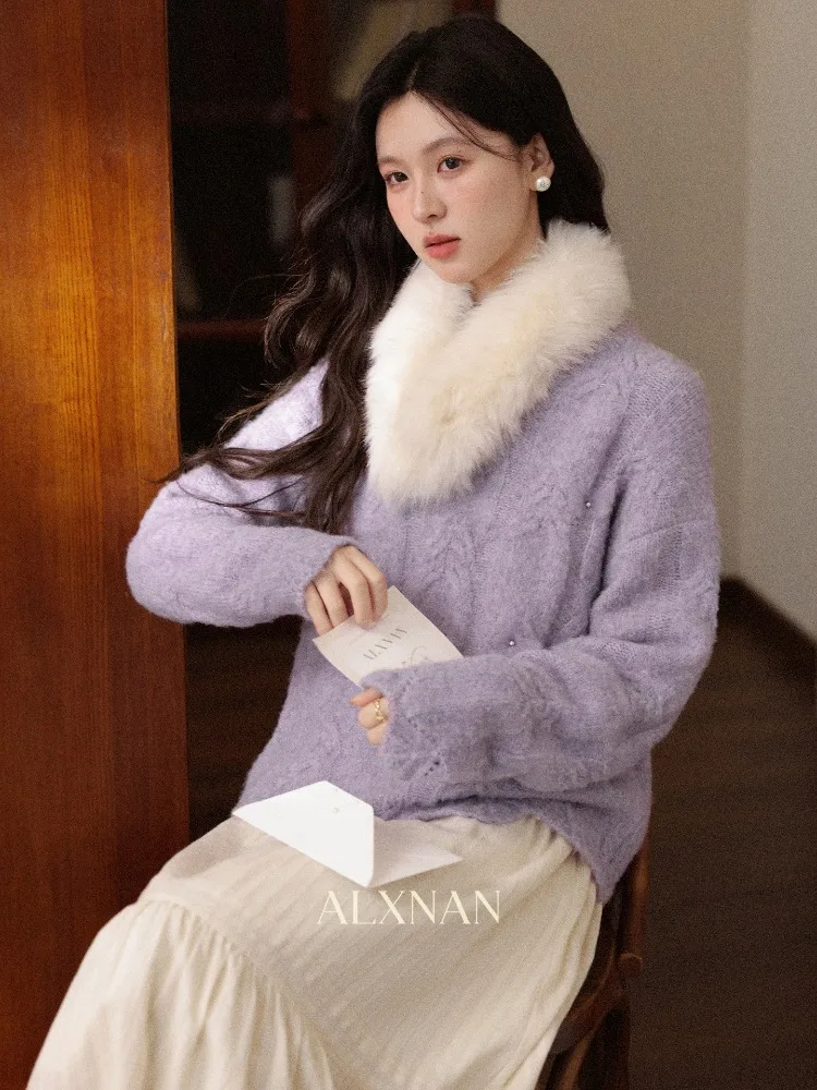 ALXNAN حجم كبير سترة الأرجواني الخريف الشتاء الدافئة فضفاضة تناسب كم طويل البلوز عادية ثلاثية الأبعاد الدانتيل مطرز المرأة لاعبا D00648