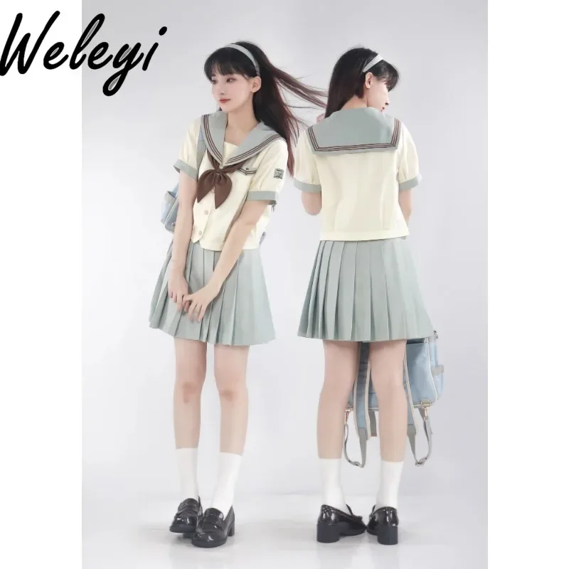 Kawaii Jirai Kei Cute Skirt Set Japanese Fashion 2024 Summer Sweet College Style Sailor Collar Short Long Sleeve Sailor Y2k Suit