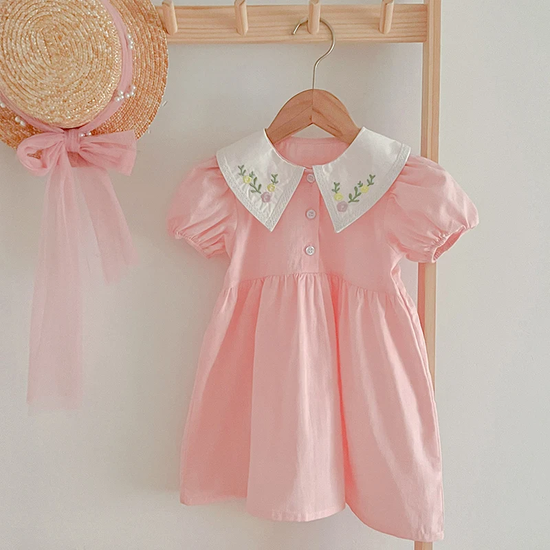 2-6Y Summer Kids Dress Girls Casual Dresses Baby Pink embroidery Flowers Dress Costumes Floral Party Birthday Princess Vestidos