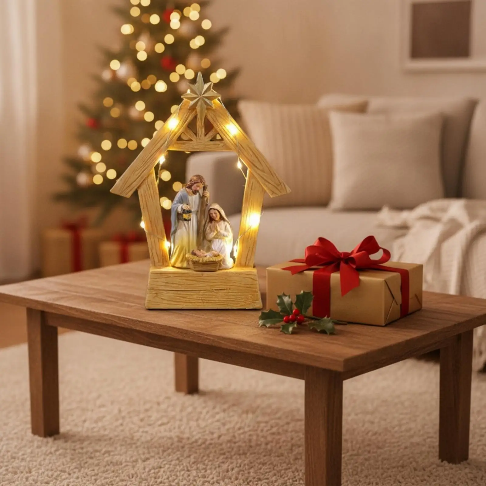 Christmas Nativity Scenes Lighted Stable Lamp for Room Decoration Modern Holiday Tabletop Art