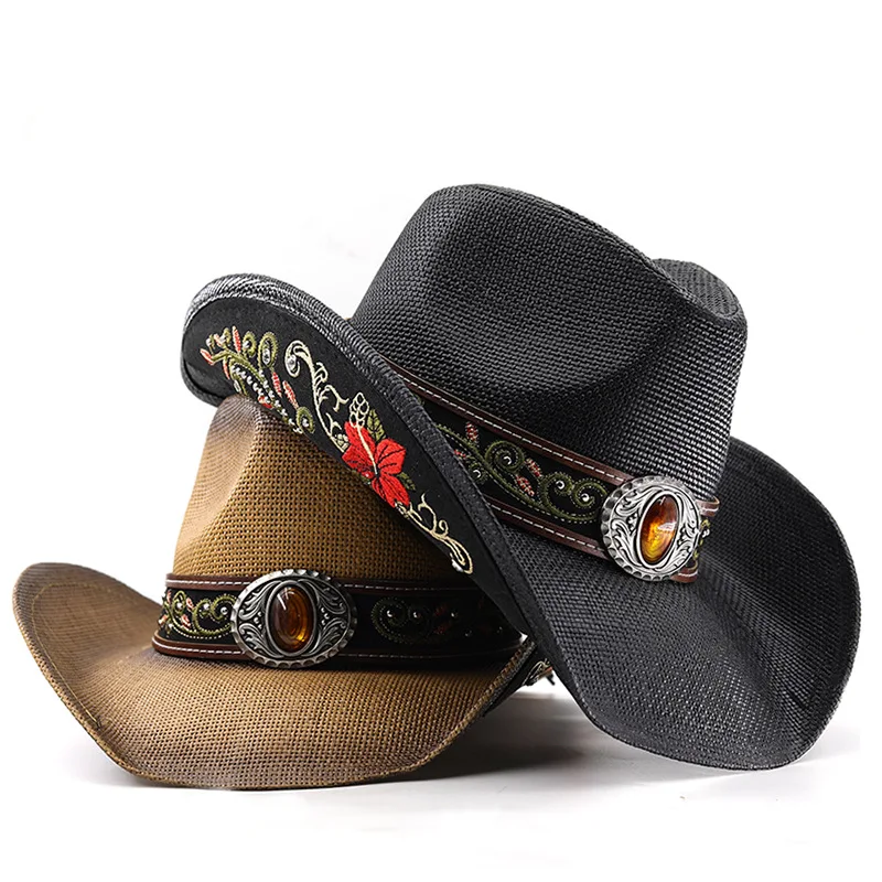 

2026 Trendy Embroidery Accessories Straw Cowboy Hat For Women Men Western Sun Hat For Country Concert Rodeo And Cowgirl Caps