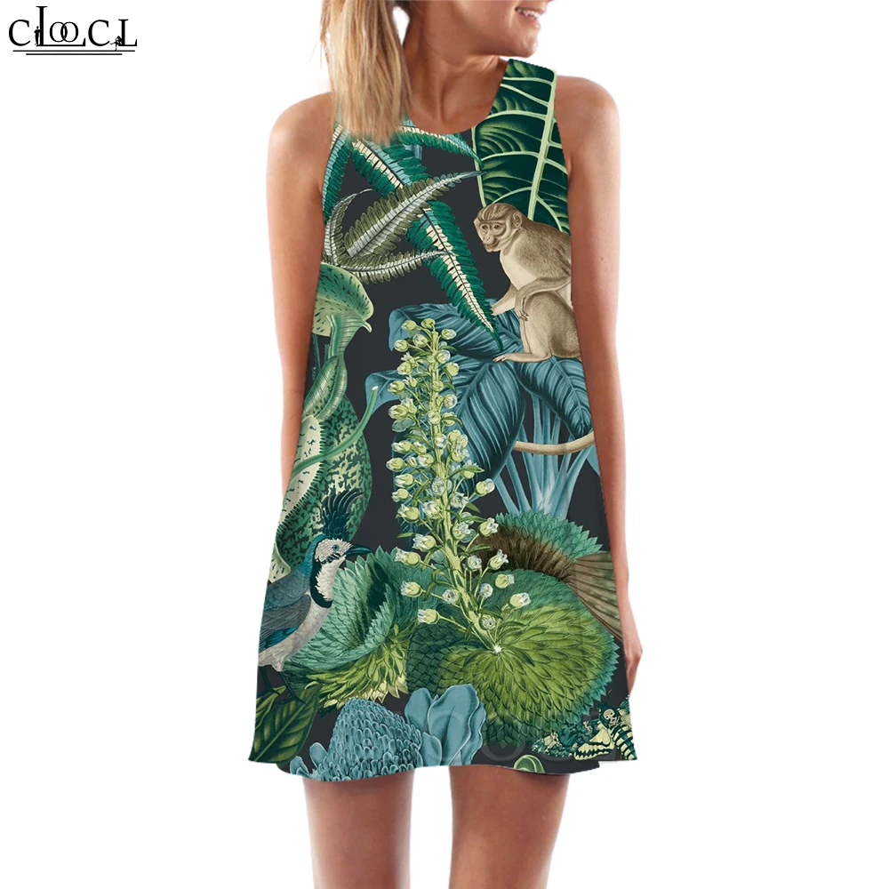 

CLOOCL Hawaiian Fashion 3D Printed Women Beach Dress Rainforest Monkey Pattern Sleeveless Dress Loose Casual Tank Tops Dress