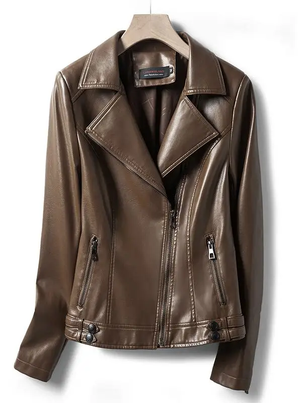 Real Leather Biker Jaet Women's ort Sle Spring Autumn New Arrival Zipper Closure Slim Fit eepskin Coat Hong Kong Sle