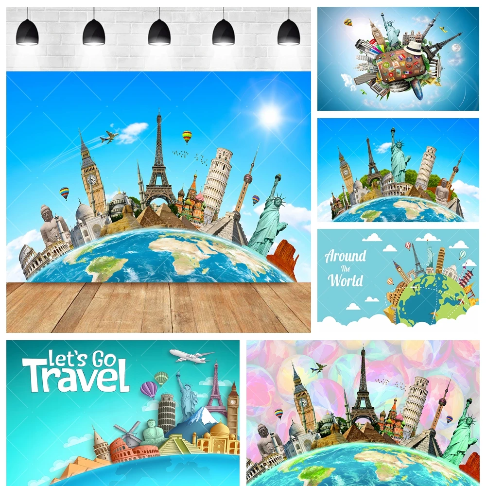 Earth Travel World's Famous Landmarks Banner Backdrop Custom Aldults Childs Room Photography Wall Poster Decor Studio Background