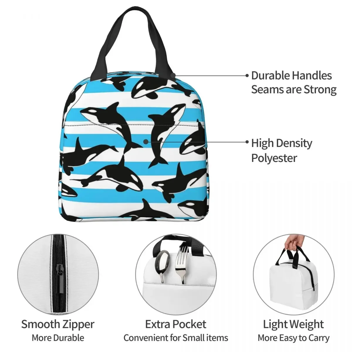 Orca-Killer Lunch Bags معزولة للحوت ، حقائب محمولة للتنقل ، صندوق غداء مبرد حراري ، حمل للنساء ، العمل ، مدرسة الأطفال