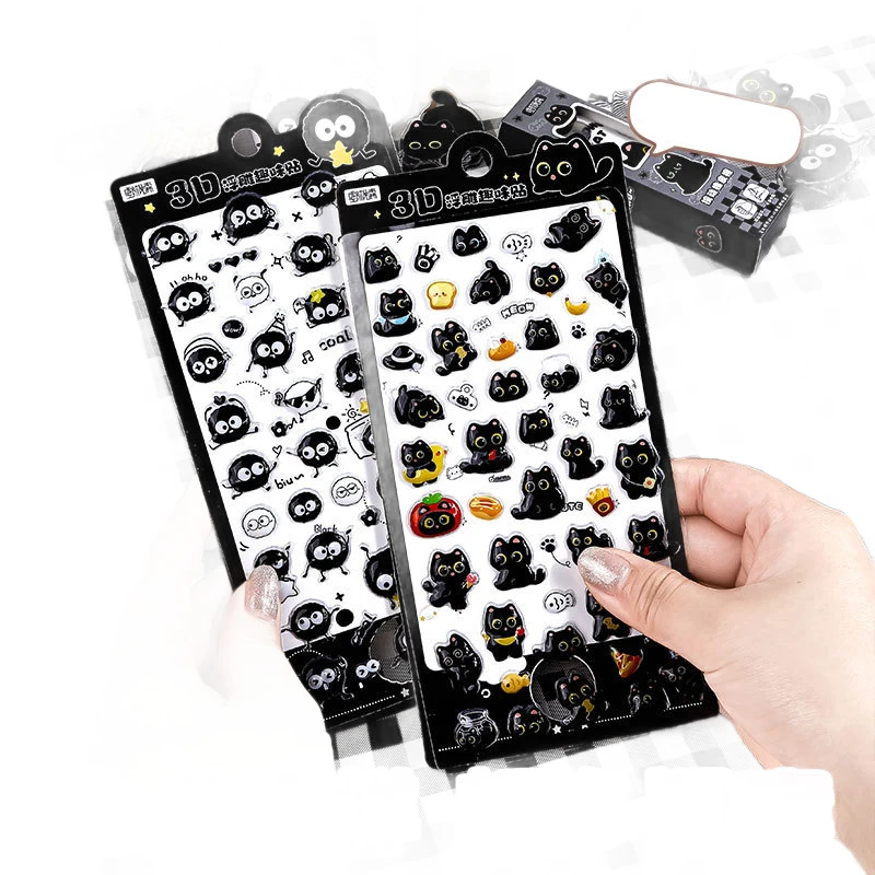1PC Cute Black Cat + Coal Ball Elf Theme 3D Embossed Sticker for DIY Scrapbook Phone Case Decoration Gift Craft Supplies image 3