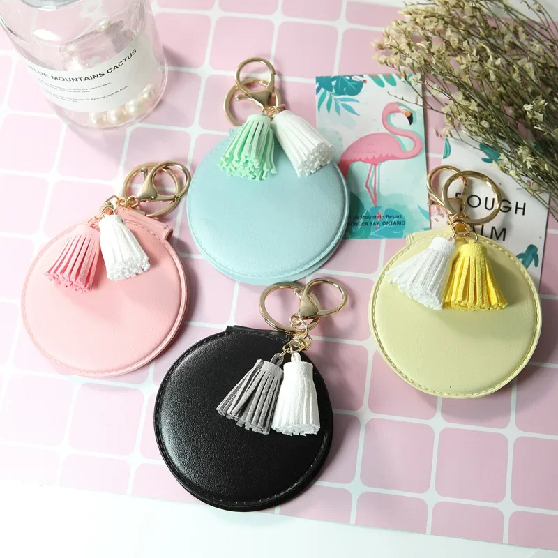 Mini Round PU Makeup Mirror Cute Tassel Keychain Bag Ornament Double-sided Compact Cosmetic Portable Makeup Mirror