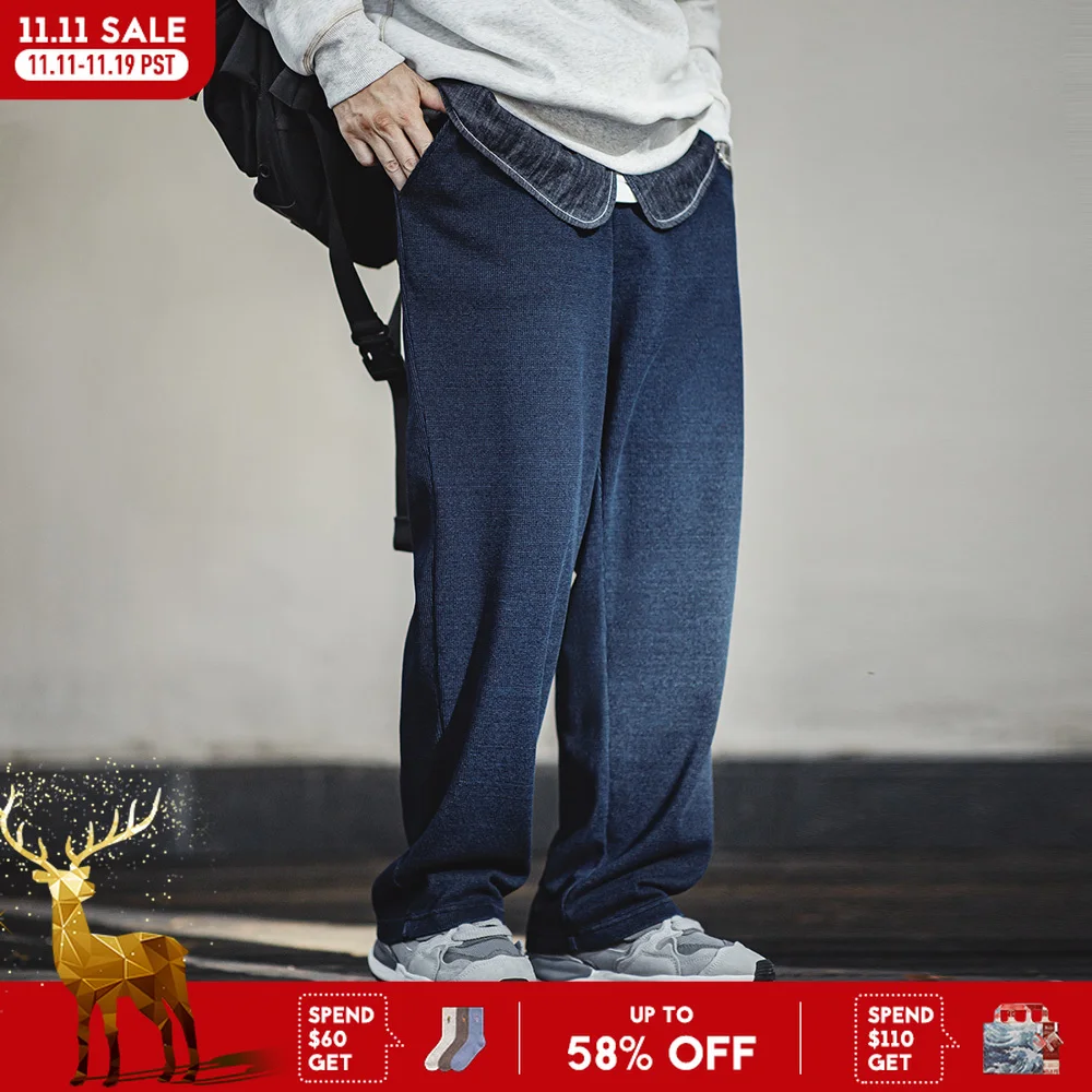 

Maden New Vintage Knit Waffle Solid Sweatpants Loose Fit Straight Pants with Elastic Waist and Pockets Trousers for Men's Autumn