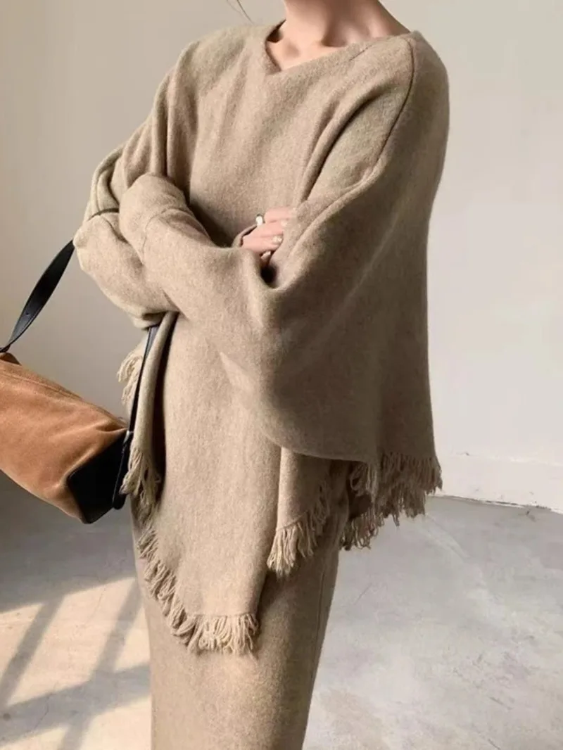 Knitted Women's Tassel Sweater Set Chic Loose Batwing Sleeve Sweater Shawl And Elastic Waist Kintted Skirts 20DSW