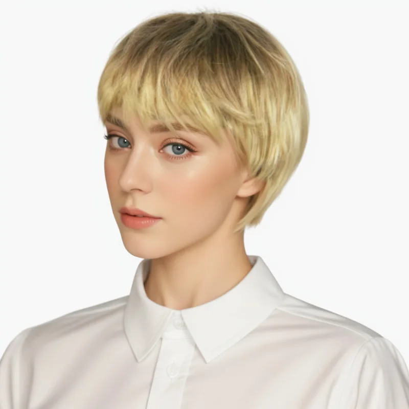 Fashionable Golden Brown Oblique Bangs Short Hair Wig For Women Outdoor Travel Simulation High Temperature Wire Synthetic Wig