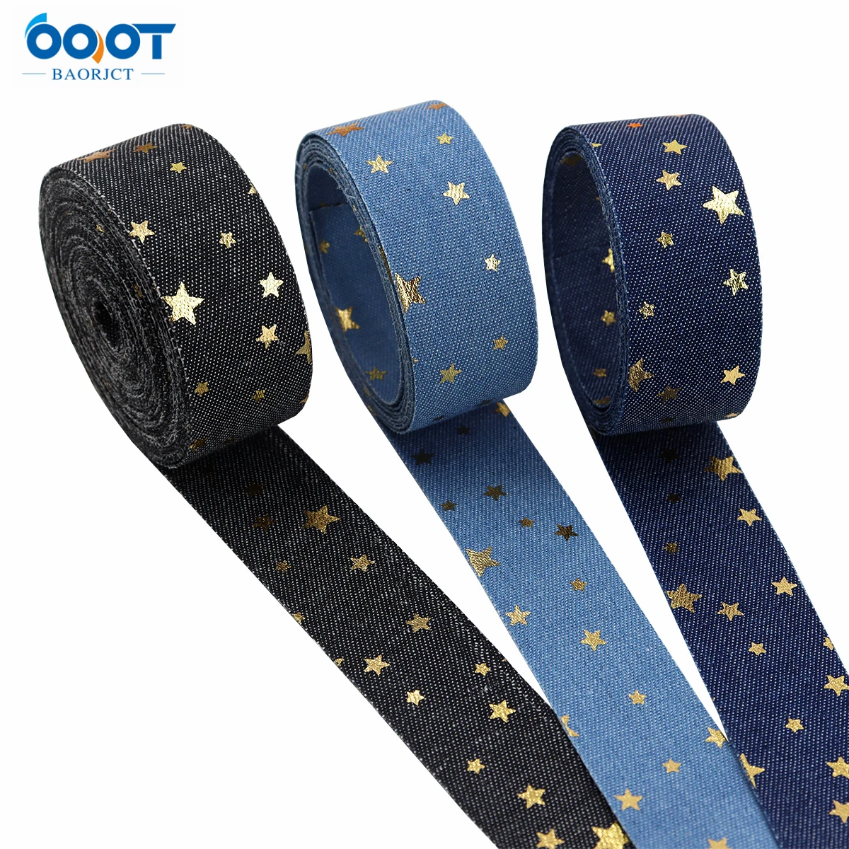 Solid Color Double Sided Denim Printed Star Ribbons,25MM 2Yards 23629-1 Bow Cap Handmade DIY Party Gift Packaging Materials