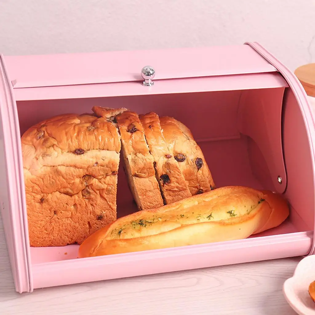 Iron Bread Box Retro Bin Cake Pastry Lid Storage Organizer, black color pink , for Pastries, Toast And