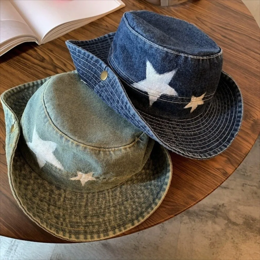 

Fashion Denim Star Fisherman Hat Adjustable Wide Brim Western Cowboy Hat Sunshade Y2K Mountaineering Hat Camping