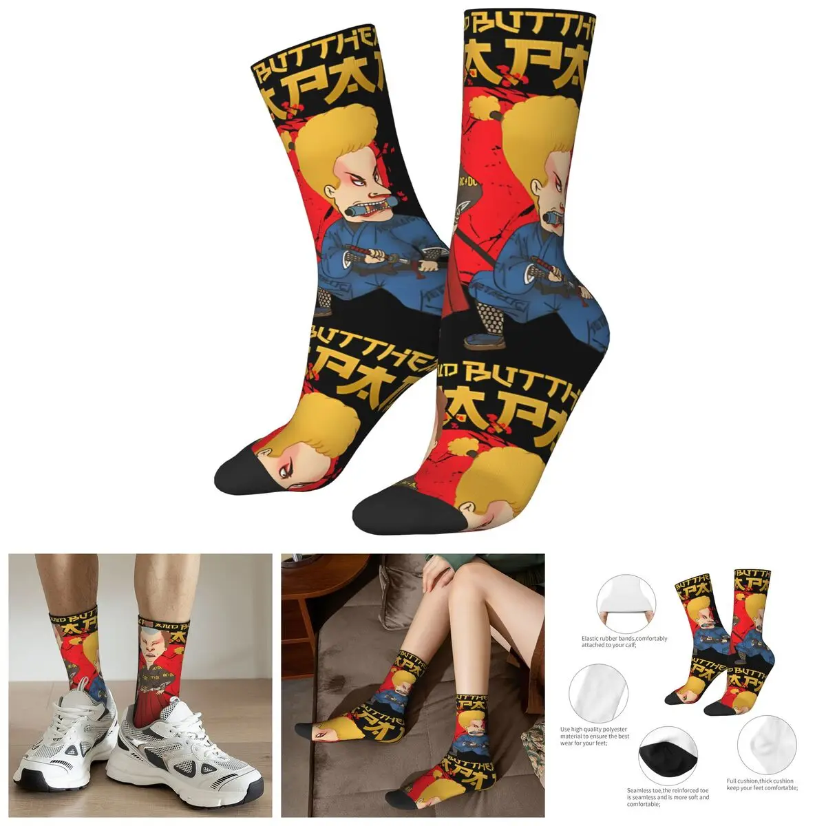 Funny Crazy Sock for Men Wacky Hip Hop Vintage Beavis and butt-head Happy Quality Pattern Printed Boys Crew compression Sock