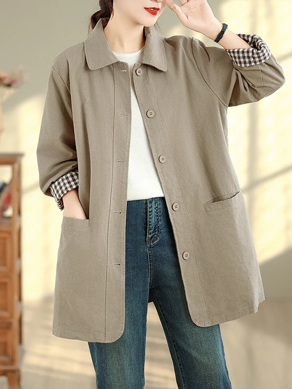 Casual Long Sve Pure Color Windbreaker Double ket Single Button Turn-down Collar Loose Fit Autumn Outerwear for plus Si...