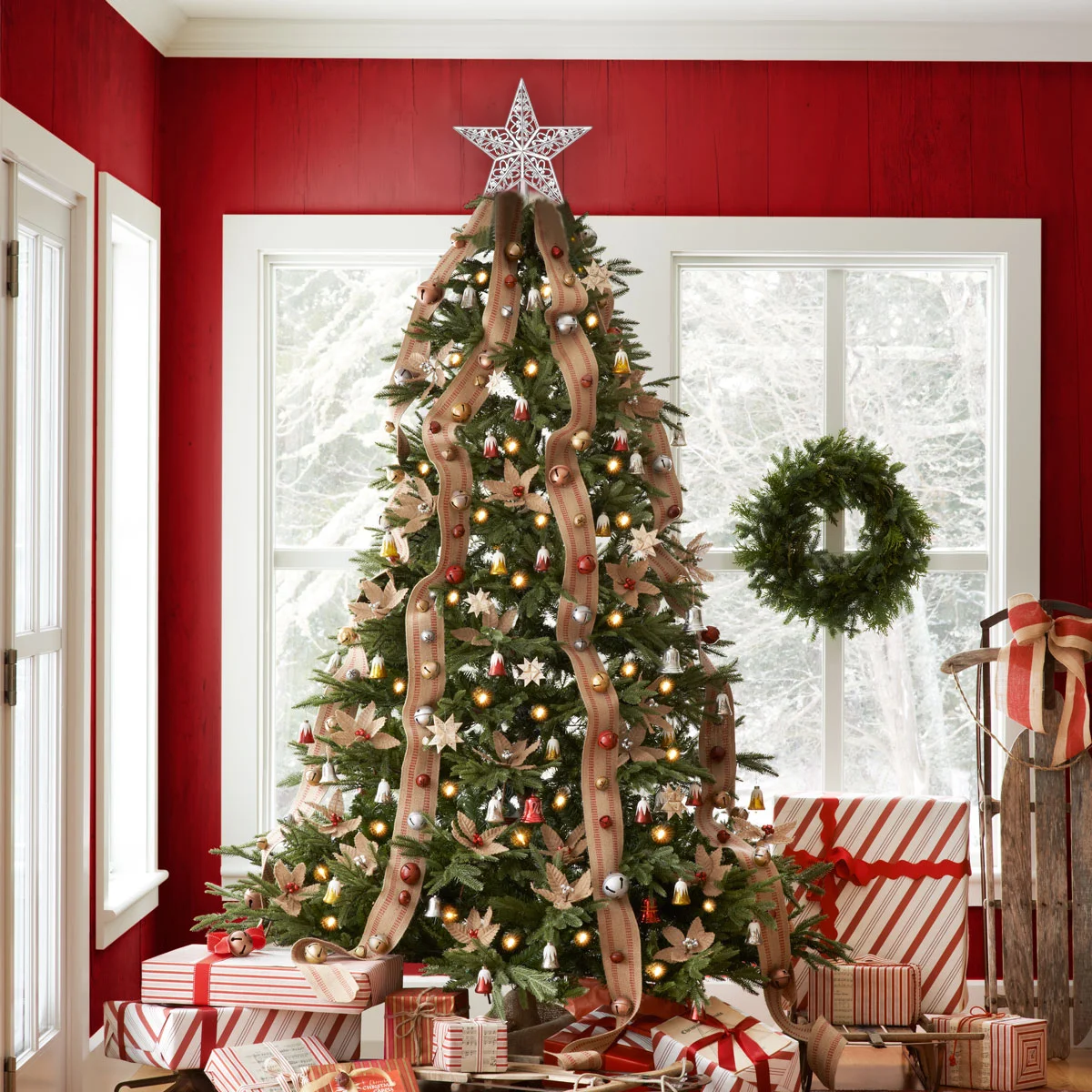 Tinksky uitgeholde kerstboom Sparkle Star glinsterende hangende kerstboomtopper decoratie ornamenten woondecoratie (zilver)