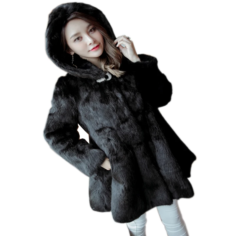 Warm Winter Thick Fur Women real natura Fur Coat Medium-long Hooded Rabbit Fur Coats and Jackets Plus Size  White, Black red