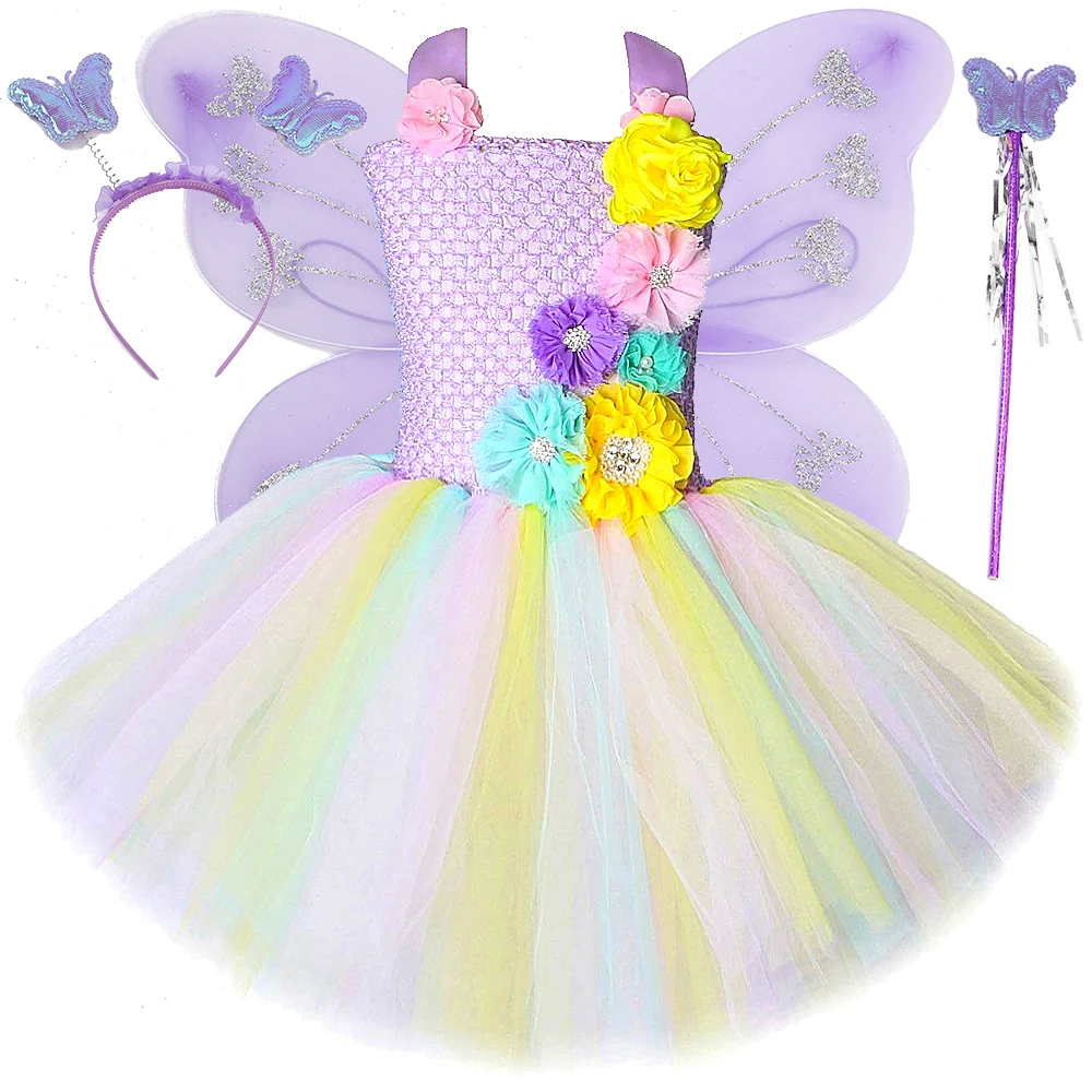Pastel Flower Fairy Dresses for Girls Butterfly Elf Princess Costumes with Wings for Kids Christmas Halloween Disguise