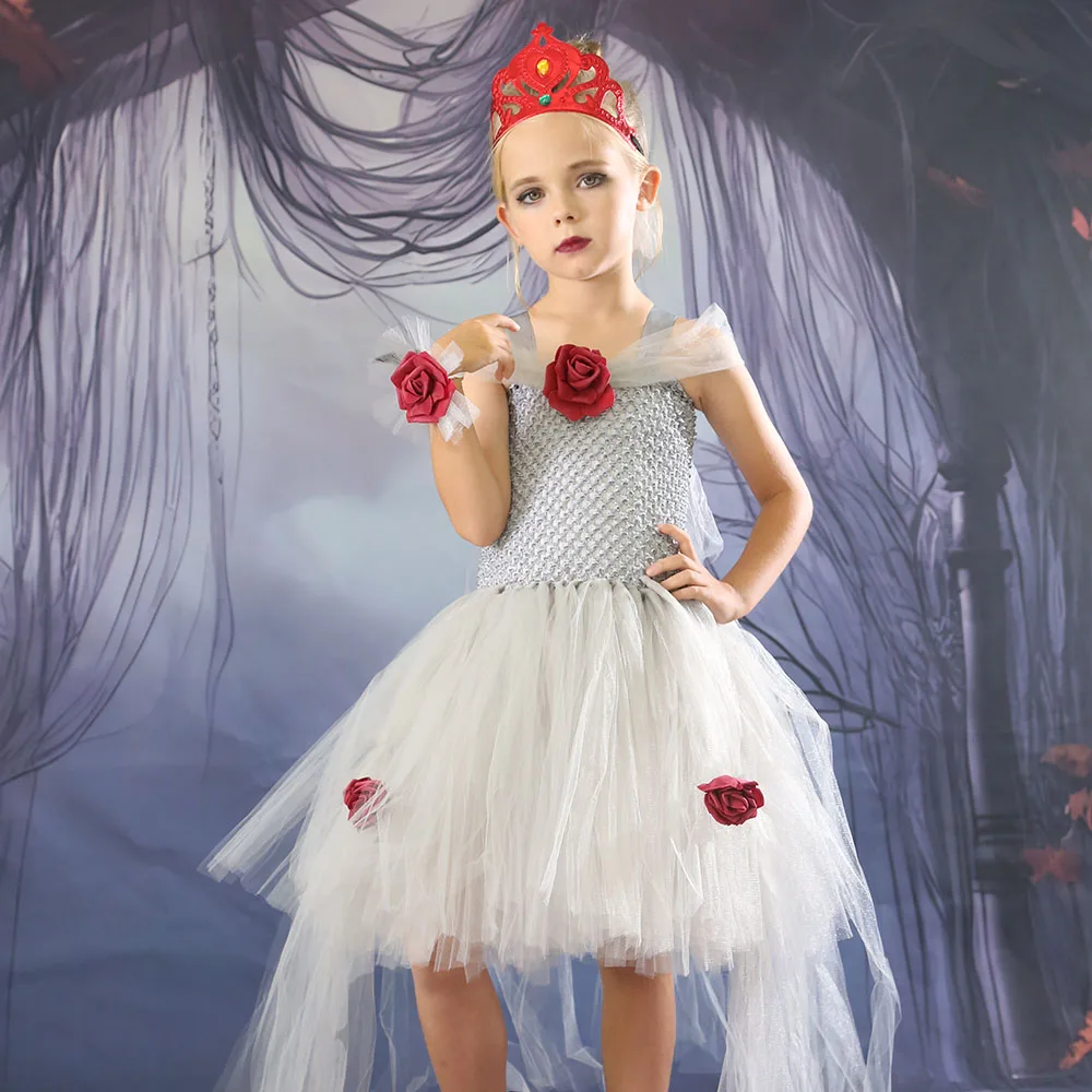 Kids Halloween Zombie Bride Costume Fancy Dress Girls Tulle Dress Carnival Outfit High-Low Tutu Dress for Princess Ball Gown