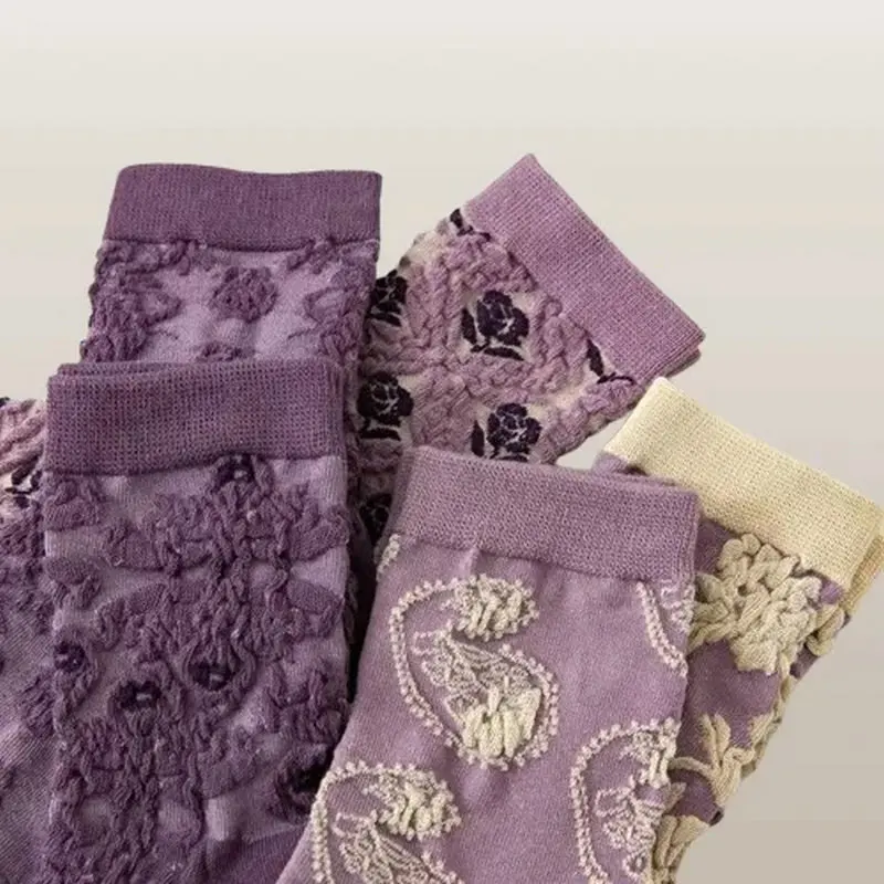 ChimAll-Match Chaussettes mi-tube à motif de personnalité, Chaussettes tridimensionnelles, Rétro, Violet, Petite fleur, Instituts, 5/10 Paires, Nouveau, 2024