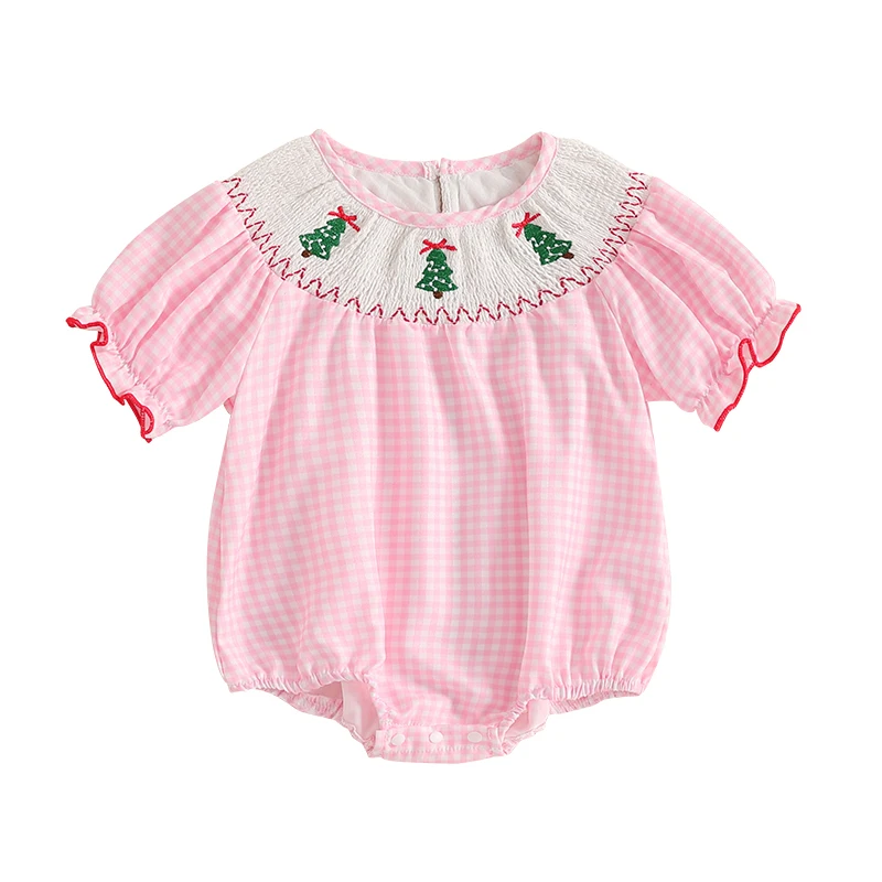 

Baby Girl Christmas Romper Tree Embroidered Plaid Short Sleeve Smocked Round Neck Ruffled Fall Jumpsuits