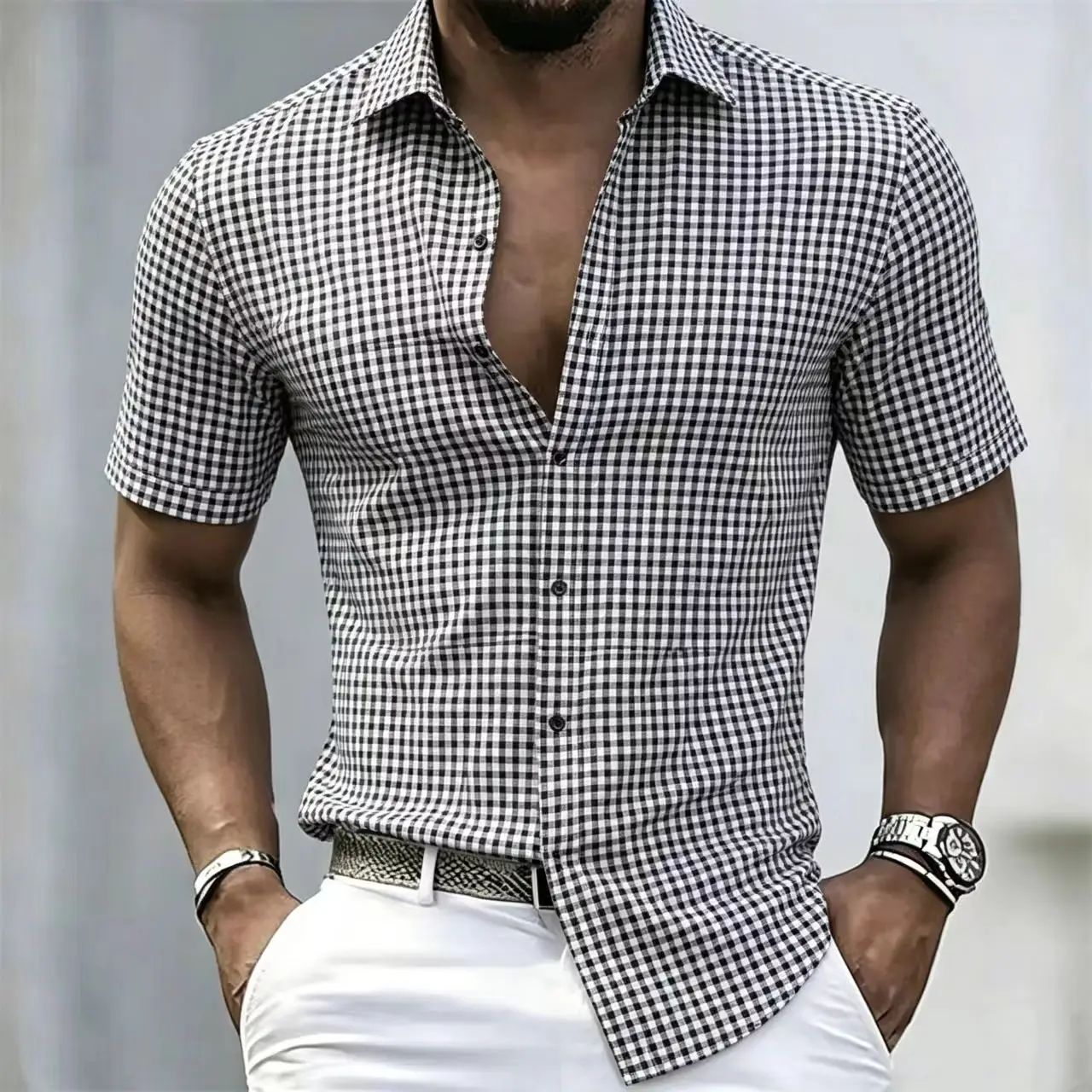 Men's Black and White Checkered Short-Sleeved Shirt, Slim Fit Casual Business Button Style, Summer Breathable Top 2026 New Item