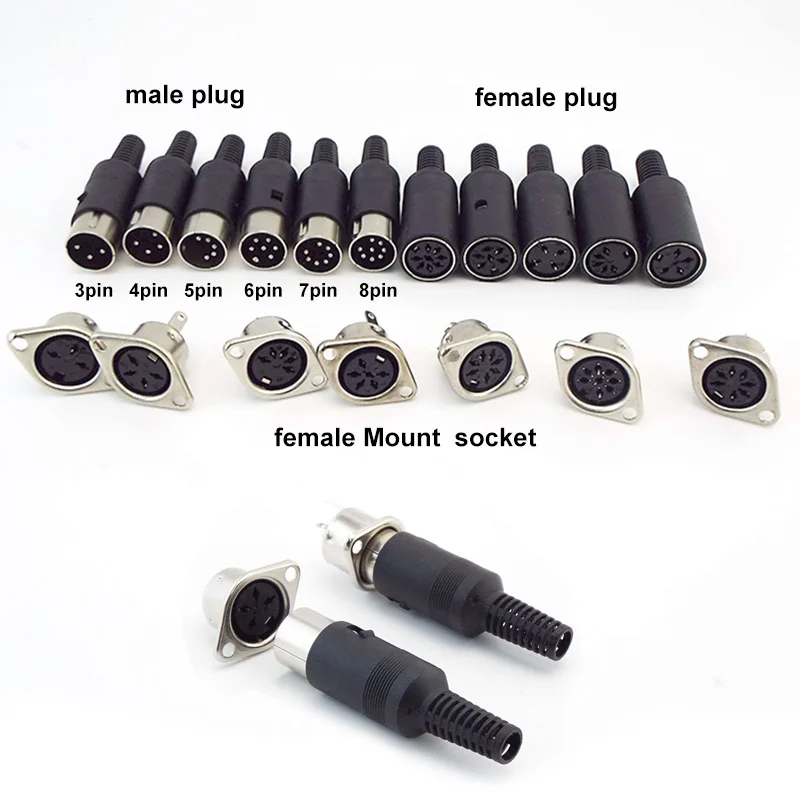 Solder Connector DIN 3 4 5 6 7 8 Pin DIN Male Female Plug with Plastic Handle + Female Socket Hulled Panel Mount Chassis a1