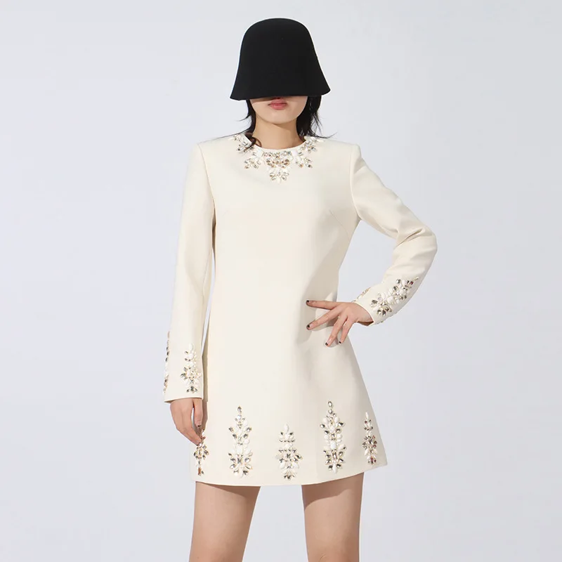 

Luxury Embroidered Flares Diamonds Dresses Spring Women Long Sleeve O Neck Slim Dress Autumn High Waist Casual A-line Mini Dress
