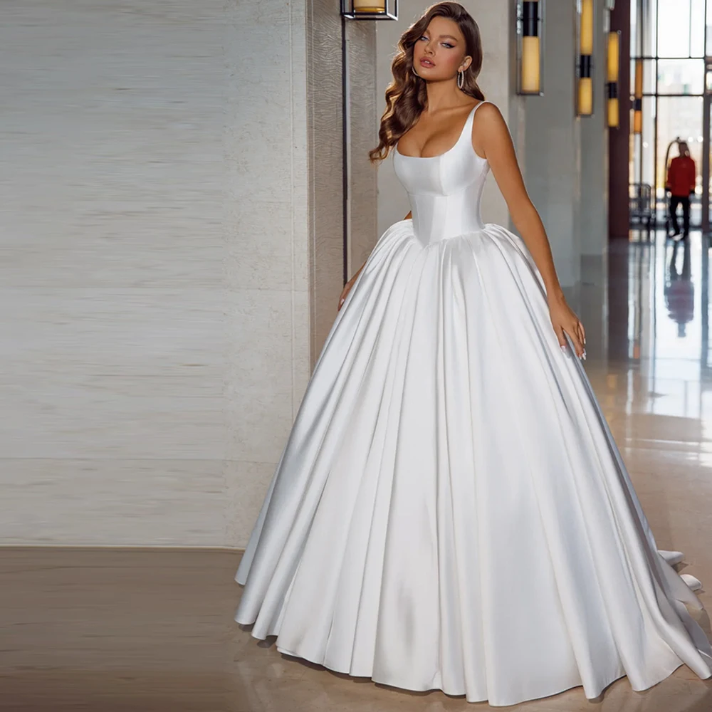 

Formal Dress Women Elegant Square Collar Sleeveless Classic White Satin Evening Dress Customized Zipper Back Party Gowns