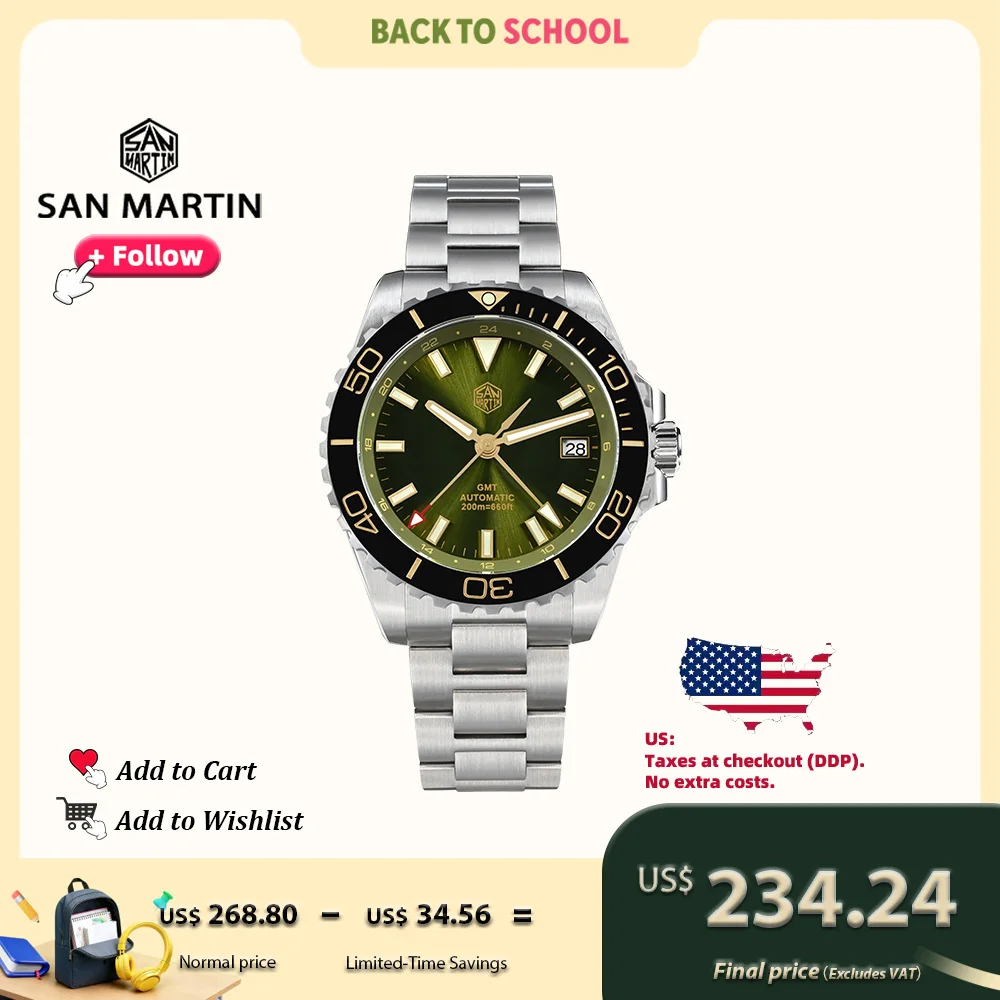 

San Martin 39 мм мужские дайверские часы GMT NH34 из нержавеющей стали автоматические механические с сапфировым светом 20 бар водонепроницаемые SN0136G