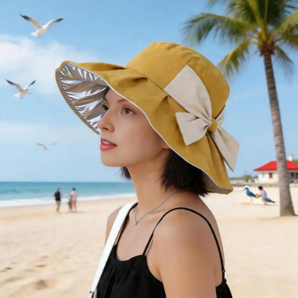 Sunshade Hat for Hiking Women’s Wide Brim Beach Hat with Bowknot Decor Foldable Travel Sun Protection Bucket Hat Summer