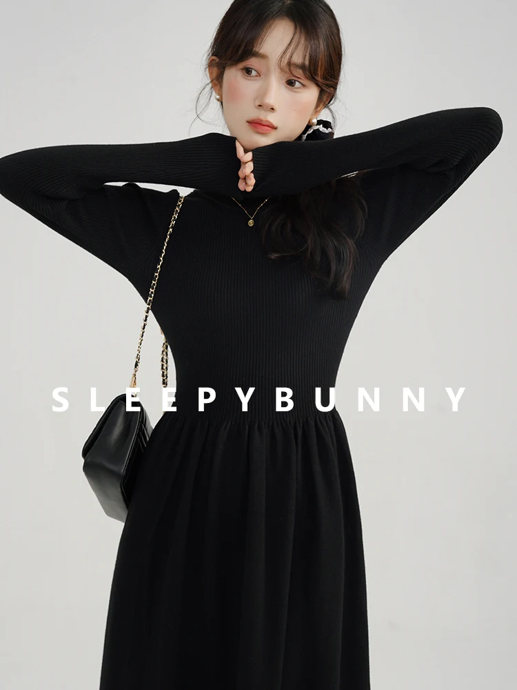 

Elegant Black Knit Midi Dress Women Winter Slim Fit Crew Neck A-Line Sweater Dress Hepburn High Waist Outfit Layering Daily Wear