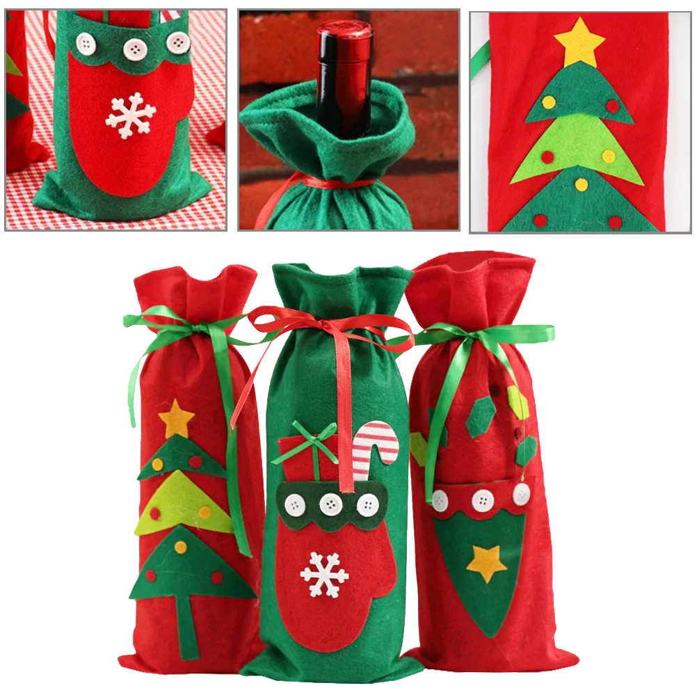

3Pcs Lovely Decoration Wine Bottle Bag Red Green Drawstring for Christmas Dinner Table Gift Wine Bottle Cover Lovely Decoration