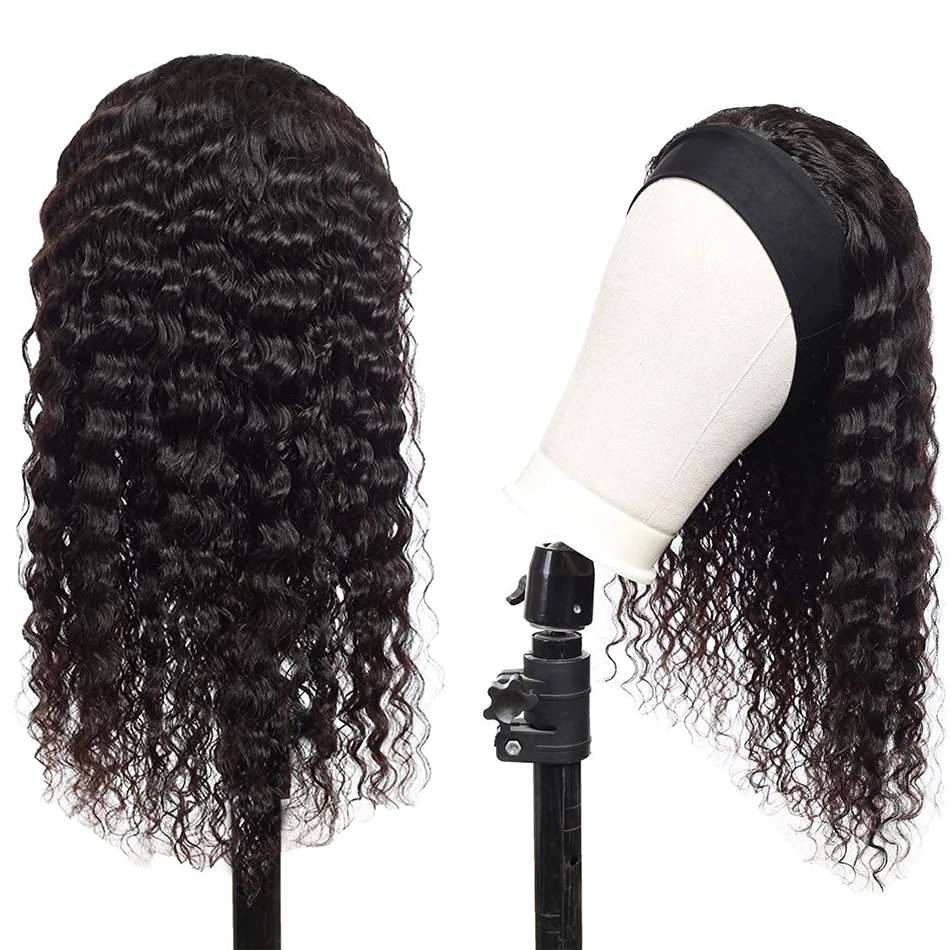 Deep Wave Headband Wigs Human Hair Pull Go Glueless Wig Half Wigs Full Machine Made Deep Curly Headband Wig 180%