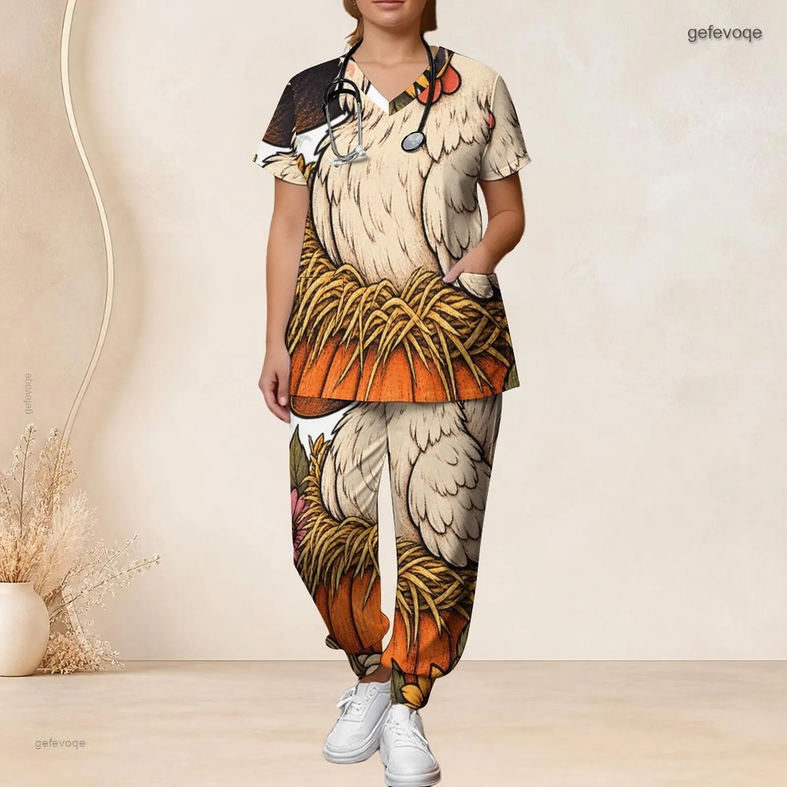 Printed Scrub Set for Women V Neck Short Sleeve Pocket Top Long Pants Two Piece