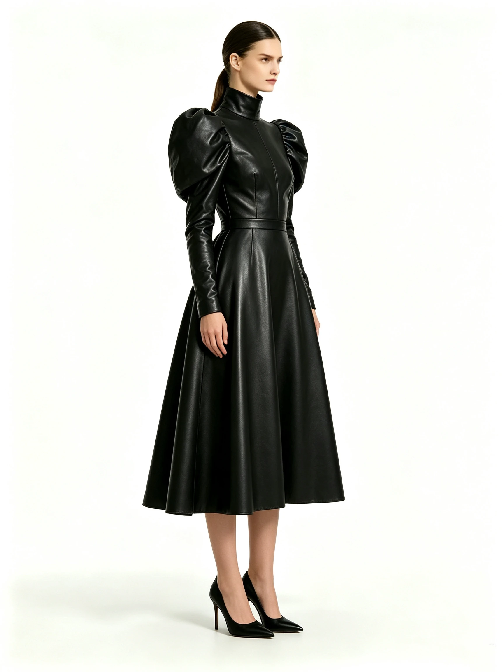 Women's Faux Leather Mini Dress with High Neck and Exaggerated Puff Sleeves
