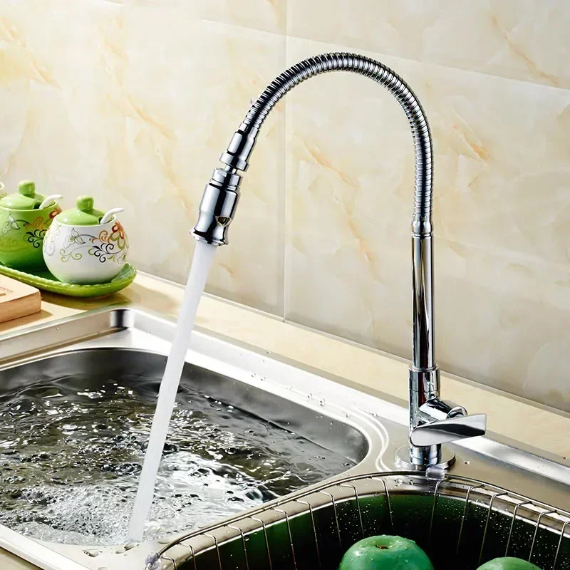 Household Kitchen Faucet Single Cold Water Tap Single Handle Flexible Rotation Sink Faucets Chrome Universal Swivel Kitchen Tap