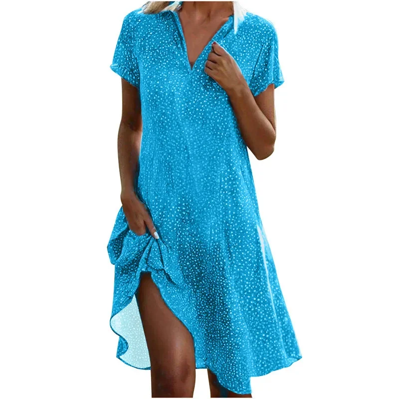 2025 Abito longuette estivo da donna Casual Colletto rovesciato allentato Manica corta Camicia a pois stampata Abito elegante da donna