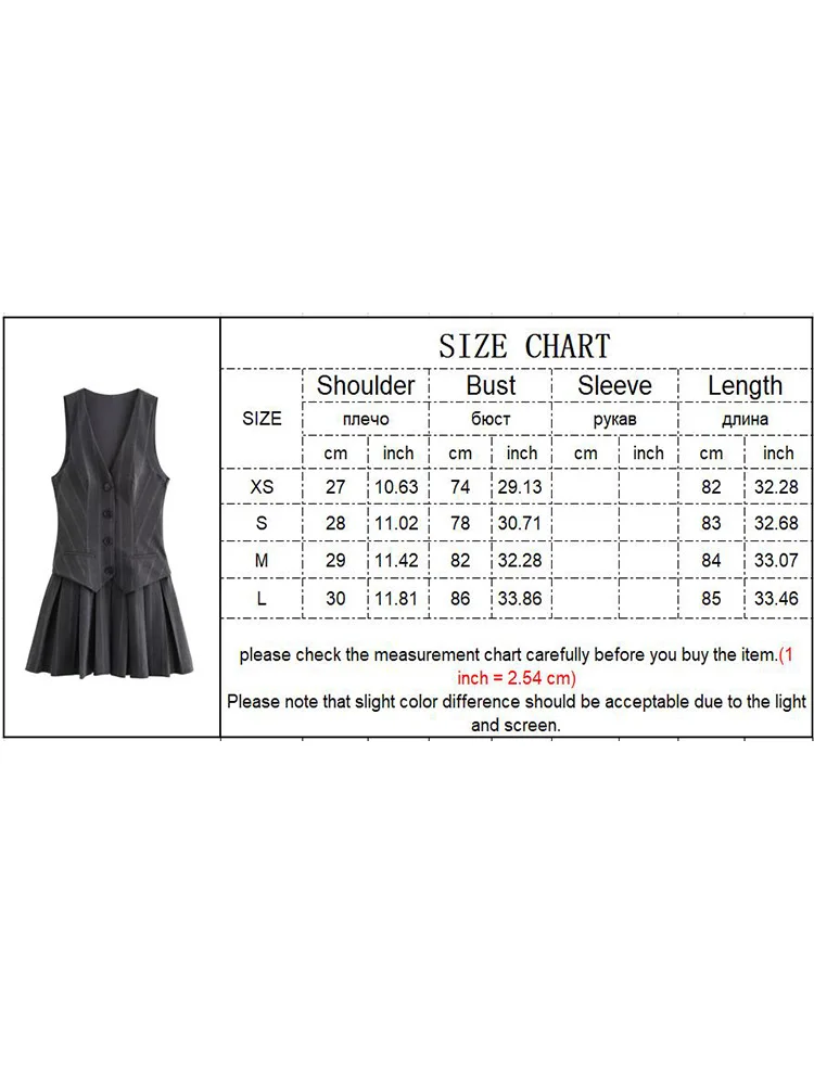 TRAF Elegant 2024 Women Striped Printed Pleated Dress Fashion Office Lady Sleeveless A-line Mini Dress Slim Folds V-neck Dress