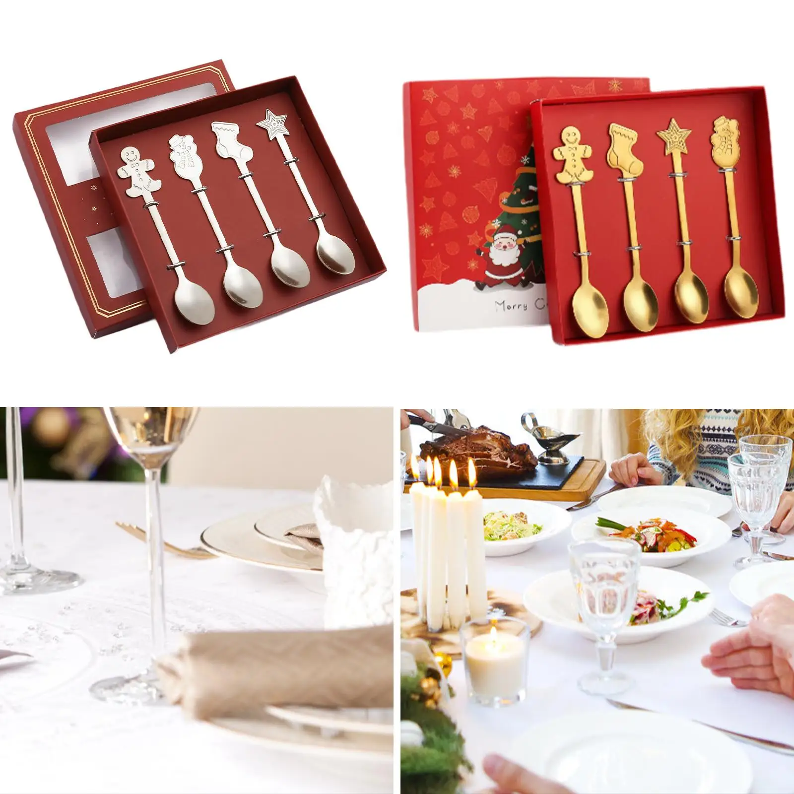 4x Christmas Spoon Set Xmas Cutlery Set Stainless Steel Utensils Tea Spoon for