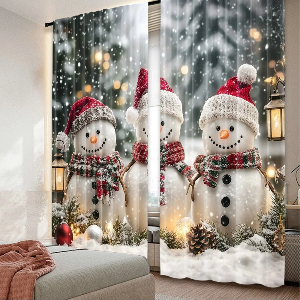 2D-Flachdruck, 2 Stück, modische Weihnachtsvorhänge, Weihnachtsschneemann3, digital bedruckte Polyester-Vorhänge, festlicher Urlaub für