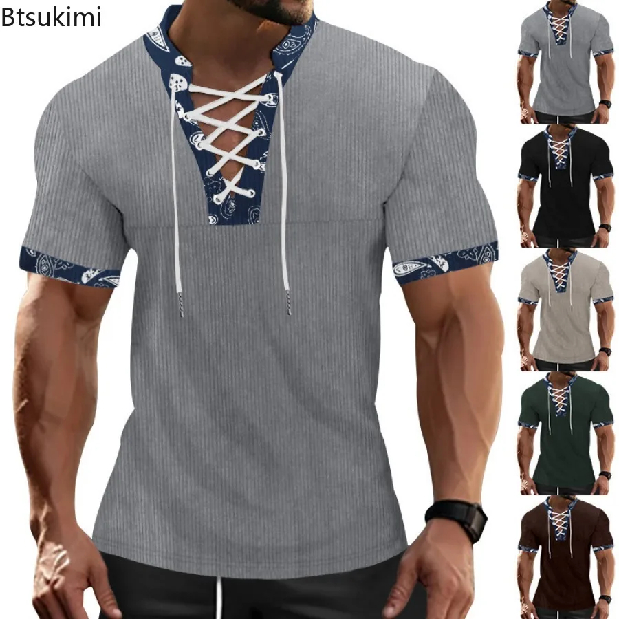 Summer New Men's Patchwork Short Sleeve T-shirts Fashion Lace-up Drawstring V-neck Casual Pullovers Tops Men Corduroy Sport Tees