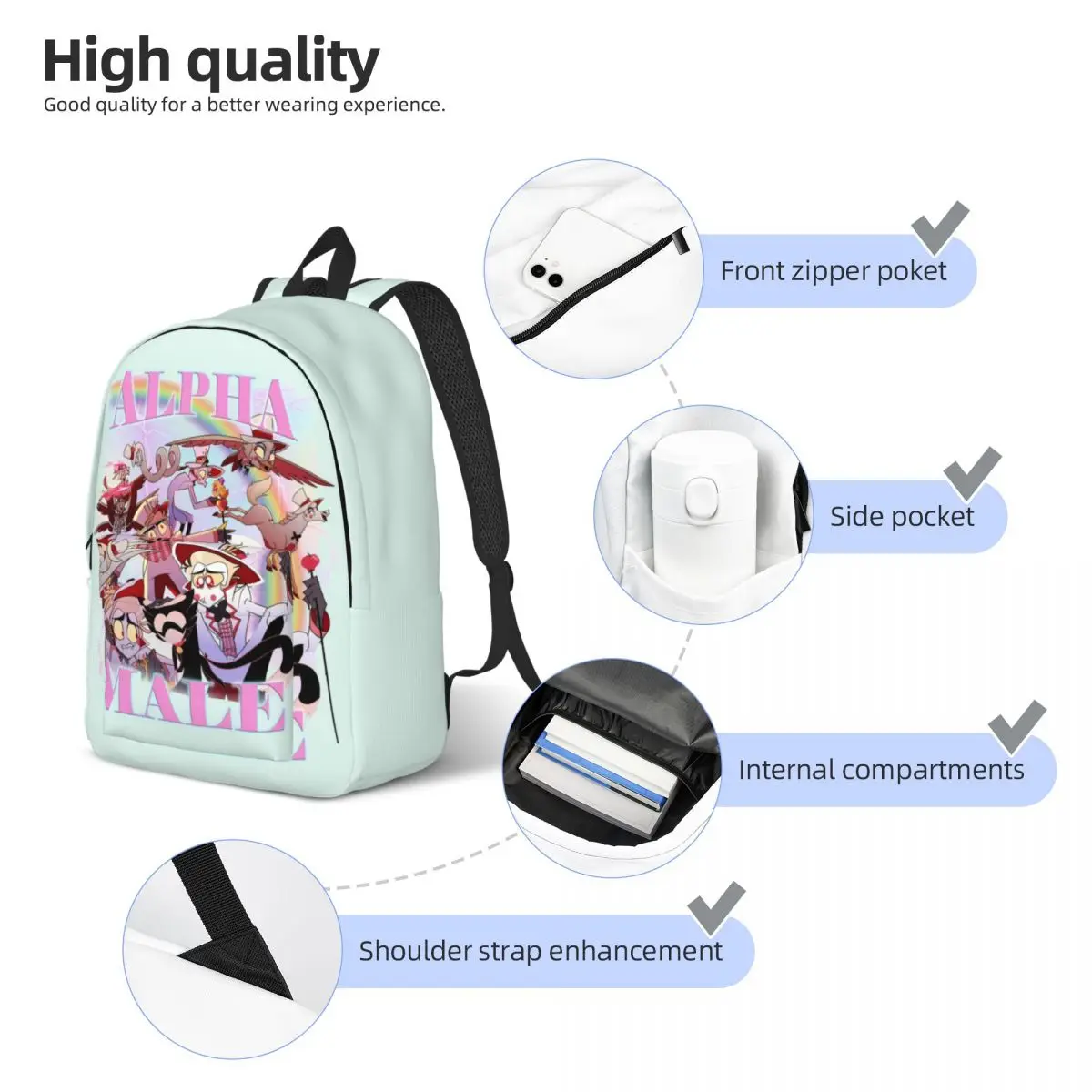 Vintage Alpha Male Teenage Backpack Lightweight Student Hiking Travel Hazbin Hotels Comdy Daypack Laptop Computer Canvas Bags