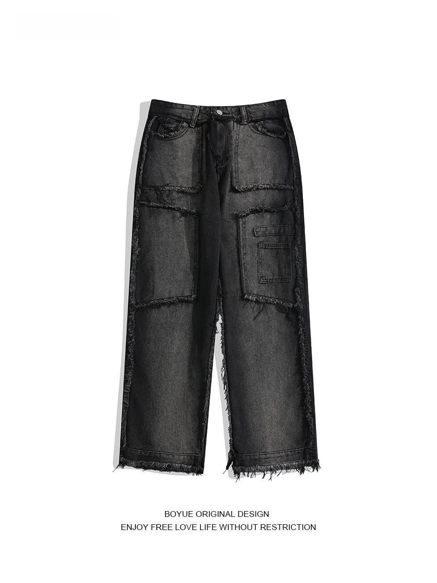 

Boyue American Sle Tie Dye Frayed Hem Straight Leg Jeans Men's Patchwork Long Pants Casual Loose Fit Youth Faion