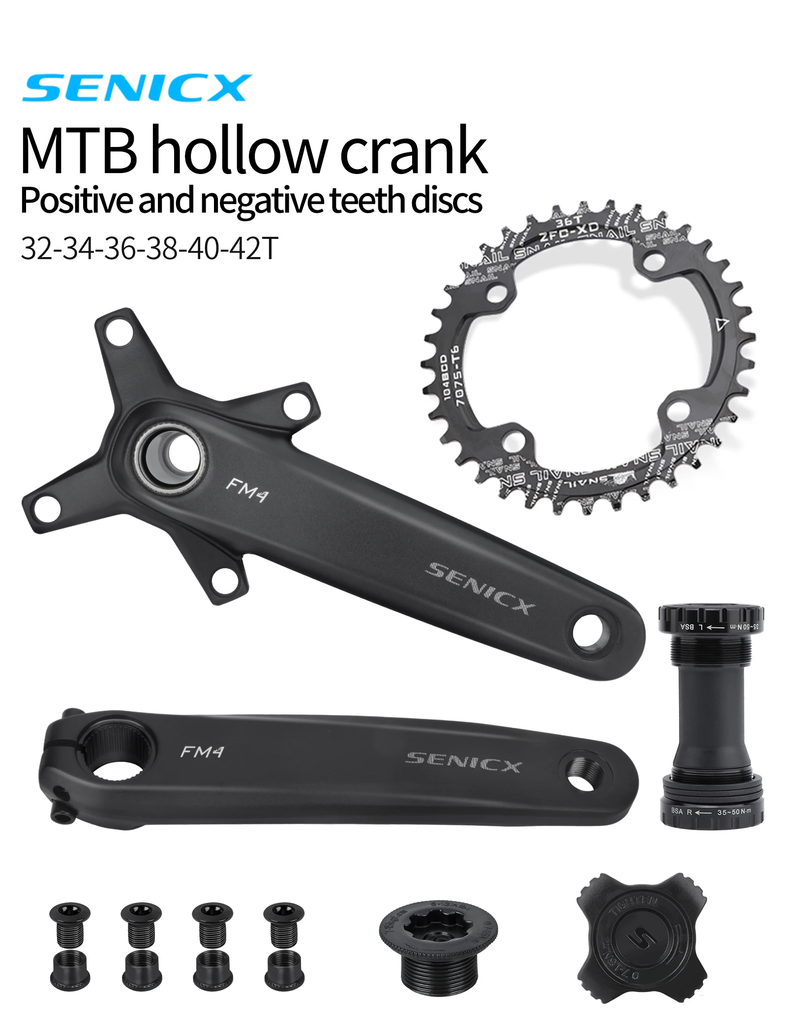 SENICX Fahrradkurbelgarnitur 170 mm 104BCD Einzelkette 32T/34T/36T/38T/40T/42T 8/9/10/11/12Gang Mountainbike Hohlkurbel – Detail 1