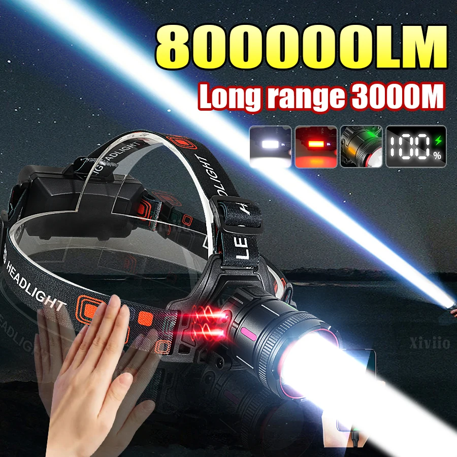 

Сверхмощный налобный фонарь 8000000LM 500W с дальностью 3000 м, перезаряжаемый светодиодный фонарь 18650 для кемпинга и рыбалки