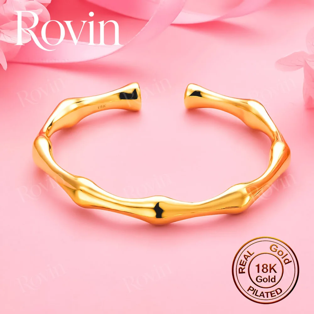 18K Gold Minimalist Bamboo-Style Open Bangle – Stylish Accessory for Women's Weddings and Parties
