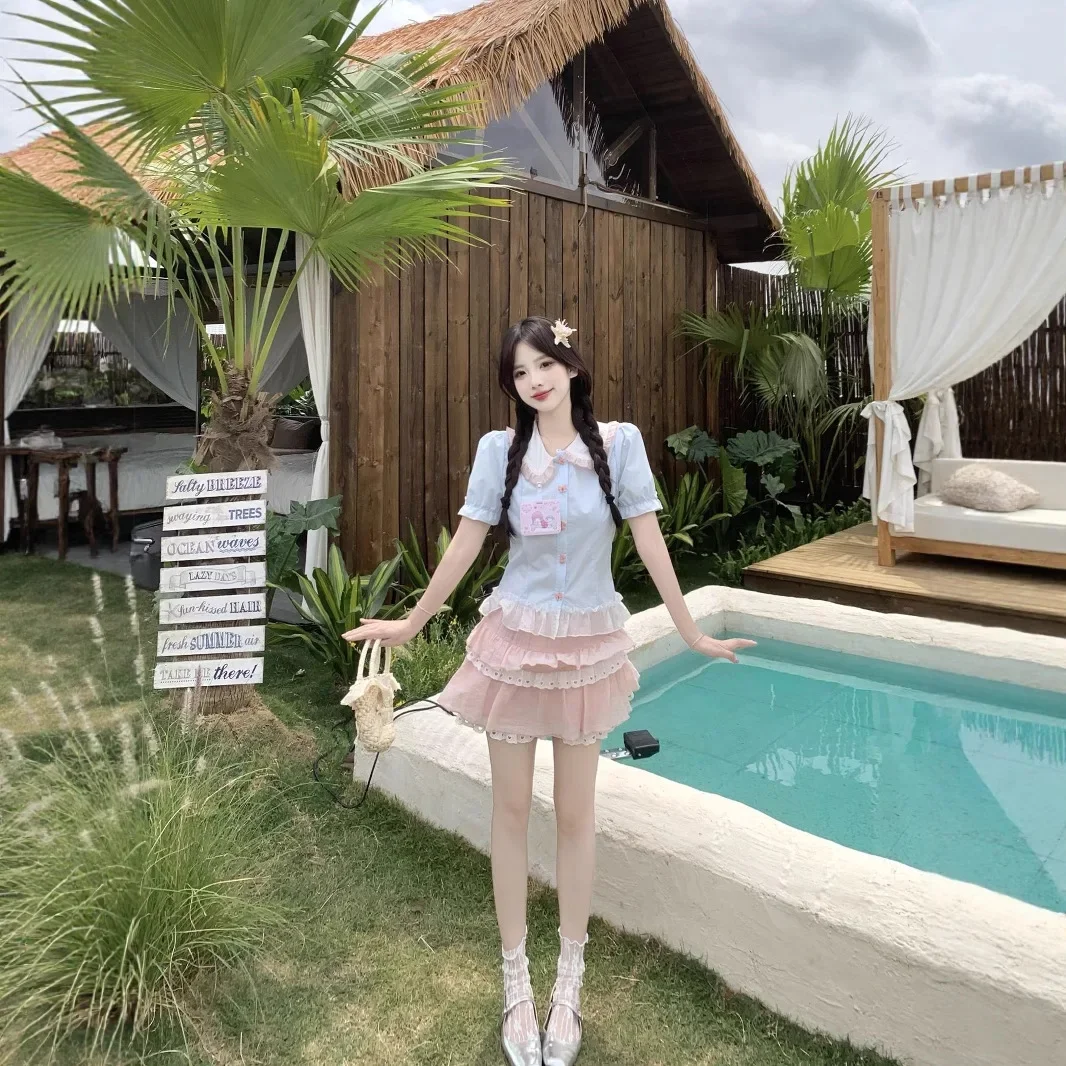 بالإضافة إلى حجم الحلو نمط Preppy الأزرق والوردي الاصطدام قميص أعلى بالإضافة إلى حجم المرأة الصيف الزي مجموعة مع كعكة تنورة قطعتين... #3