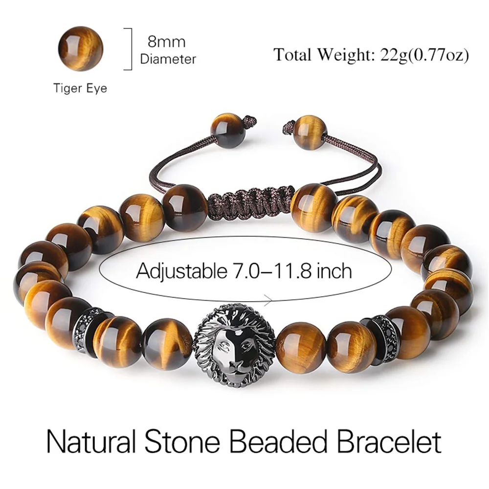 2024 New Natural Stone Bracelet Vintage Lion Head Bracelet Handmade 8MM Natural Tiger Eyes Beaded Bracelet Men\'s Jewelry Gift