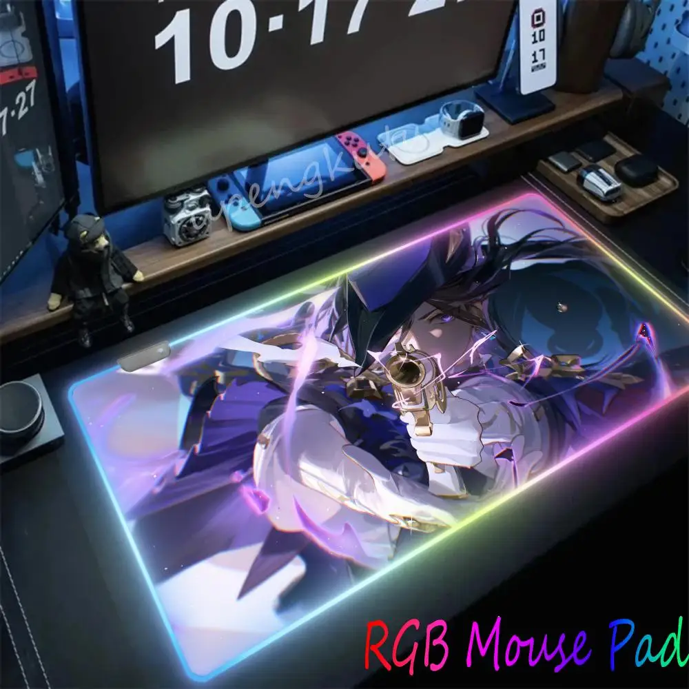 Genshin Impact Clorinde Mouse Pad RGB Gaming Mat Large like Keyboard Mat LED Light Desk Pad For HD printing Computer Laptop Pad